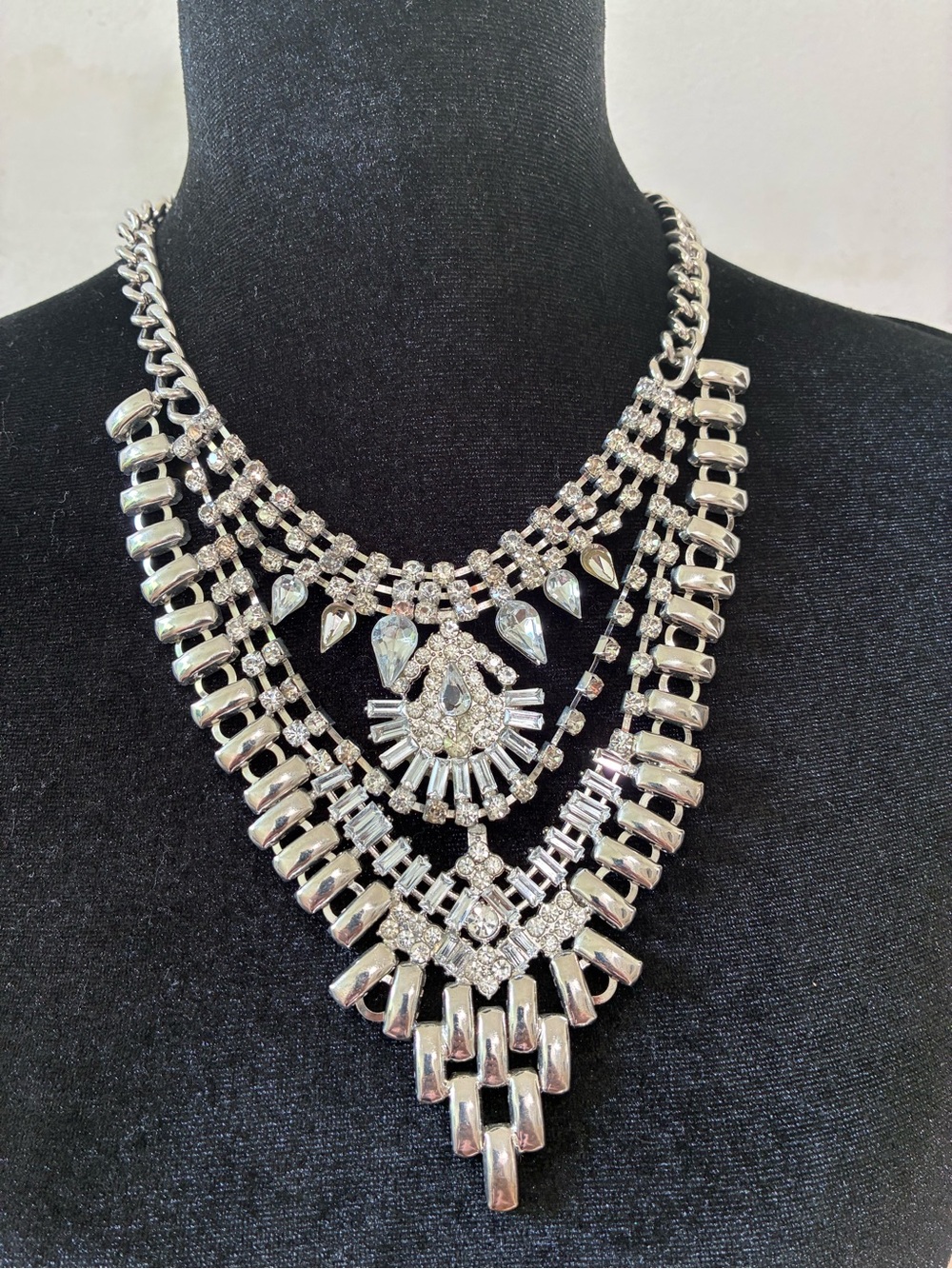 Silver Crystal Layered Statement Necklace - Sparkling Silver Tone